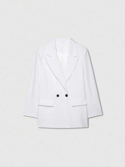 Old Money Women's Loose Fit Double-Breasted Lapel Casual Blazer Jacket, Solid Color Long Sleeve, Minimalist & Fashionable, Suitable For Spring/Autumn/Winter White
