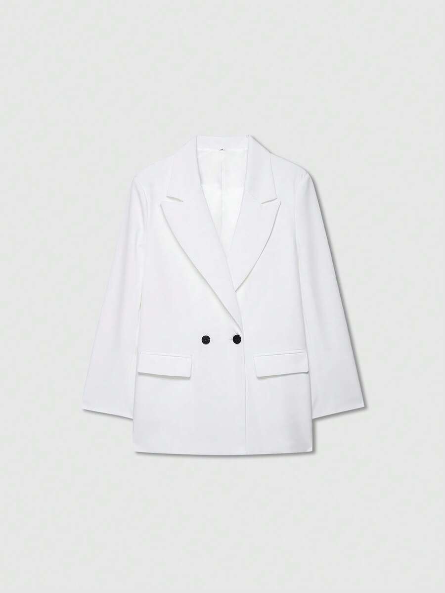 Old Money Women's Loose Fit Double-Breasted Lapel Casual Blazer Jacket, Solid Color Long Sleeve, Minimalist & Fashionable, Suitable For Spring/Autumn/Winter