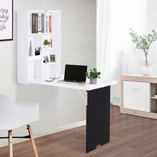 HOMCOM Folding Wall-Mounted Drop-Leaf Table, Convertible Wall Table With Chalkboard And Storage Shelf, Multifunctional Floating Desk For Home Office, White - Black and White - View 2