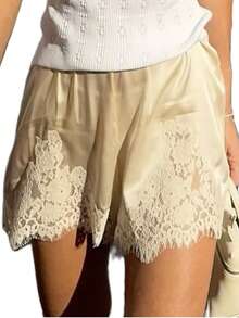 Women Satin Silk Shorts Lace Trim Patchwork Mini Micro Shorts Silky Low Rise Coquette Lounge Slip Bottoms - Rượu sâm banh - Xem 2