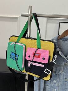 韩版多巴胺拼色 16 英寸笔记本电脑包，多功能单肩斜挎包，大容量，方便通勤，休闲拼色背包女士秋季大学必备笔记本电脑包女士 书包笔记本电脑套返校 - 黑色 - 查看 11