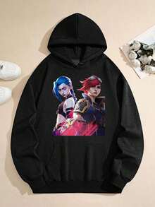 Unisex Cozy Black Hoodie - Arcane Jinx & Vi Side-By-Side Duel Stance Graphic - màu đen - Xem 2