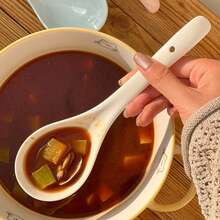 Cream-Colored Soup Spoon, Highly Attractively Large Spoon, Ceramic Porridge Spoon, Long Handle, Simple Soup Spoon, Household Tableware, Large Size, Suitable For Soup And Rice