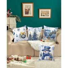 4件套圣诞枕套，雪花和蓝色树叶图案，蓝色枕套配金色点缀，树雪人冬季节日装饰家居沙发靠垫。（16英寸*16英寸，18英寸*18英寸，20英寸*20英寸） - 藍色 - 查看 7