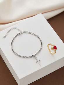 2pcs/Set Creative Heart And Sword Couple Ring Bracelet Collarbone Chain Sword Bracelet Rings Jewelry Set Fashion Accessories For Women Couple Gift Jewelry