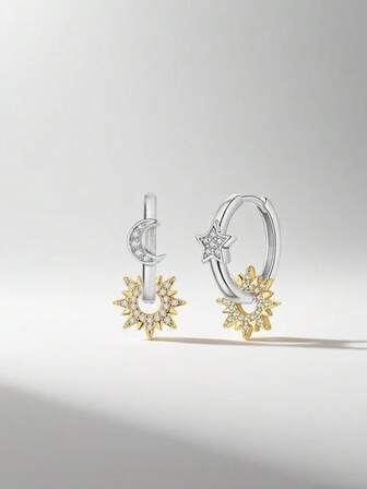 Asymmetric Hoop Earrings - Silvery Plated With Sparkling Zirconia, Sun & Moon Design Earrings