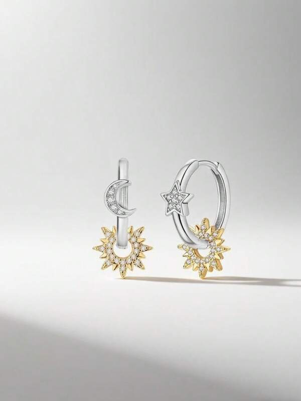 Asymmetric Hoop Earrings - Silvery Plated With Sparkling Zirconia, Sun & Moon Design Earrings