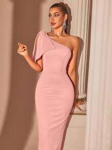 Elisanya Elegantes Damen Midi-Abendkleid mit einem Schulterträger, hoher Taille, Schlitz hinten, für Cocktailpartys, Hochzeitsgäste, Heimkehr-Events, Dinner - Pink - Übersicht 8