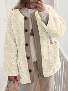Women's Casual Color Block Pocket Fleece Jacket, Fluffy Single-Breasted Loose Regular Coat, Autumn/Winter - Apricot - View 6