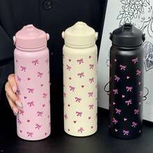 800ml Pink Insulated Water Bottle With Cute Bow And Heart Print - 304 Stainless Steel Coffee Cup With Portable Handle And Foldable Straw, Perfect Gift For Women, Sisters, And Girlfriends For Valentine's Day, Christmas, Back To School And New Year