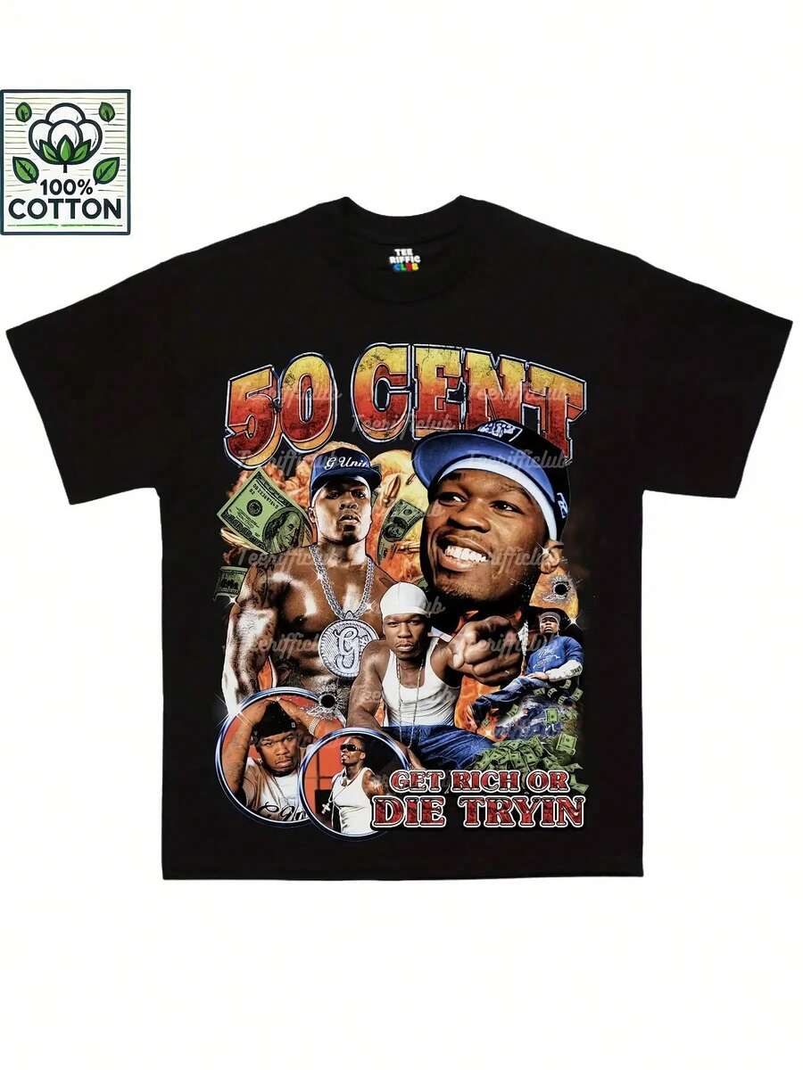50 Cent Hip Hop Graphic T-Shirt - Vintage Retro Y2K Black Tee With Geometric Money & Chains Design, Regular Fit Short Sleeve Round Neck, High Elasticity Machine Washable Unisex Casual Streetwear, Vintage T Shirts, Everyday Apparel, Street Style Shirt, Comfortable Fit Shirt - Black - View 1