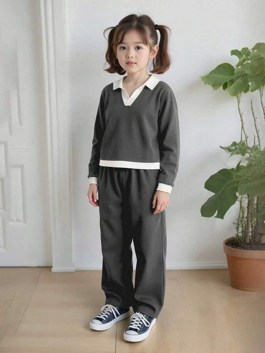 女孩秋季服装,柔和色彩学院风两件套,Polo 领针织上衣 + 奶油白色饰边阔腿裤,适合秋季穿着和冬季分层穿着 - 深灰色 - 查看 1