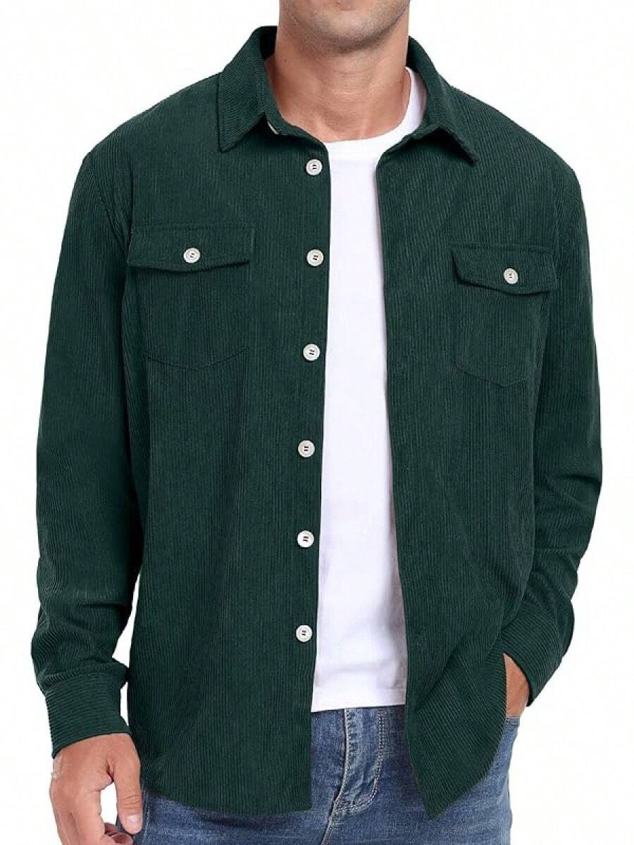 Men's Corduroy Button Down Long Sleeve Casual Shacket Western Shirt With Flap Pockets, 2025 Style - A07 深綠色 - 查看 1