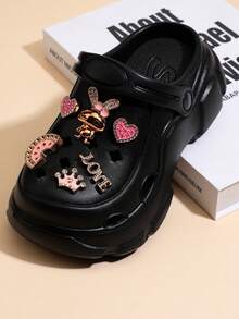 1 Pair Girls Gradient Pink-White Round Toe Cute Gold Plated Rabbit Decor Platform Waterproof Breathable Sandals, Suitable For Summer - Black - View 4