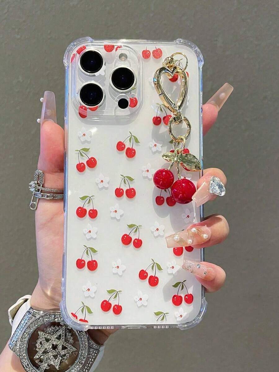 1pc Transparent Solid Color Protective Phone Case With Cute Cherry Pattern And Cherry Pendant Charm, Compatible With IPhone 17/17Pro/17ProMax/17Air, IPhone 16/16Pro/16Plus/16ProMax, IPhone 15/14/13/12/11, IPhone 13/14 Pro Max, IPhone 11 - Soft TPU Shock-Proof Protective Cover