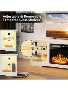58" Modern Fireplace TV Stand With 18" Fireplace For Living Room, Entertainment Center For TVs Up To 65" With Leg Lights And Adjustable Glass Shelves - White - View 7