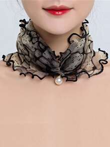 1 件装女士围脖仿珍珠装饰生菜边雪纺时尚无限围巾母亲节礼物颈部配饰女士