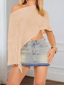 Women Knit Poncho Top Y2k Off Shoulder Crochet Sheer Shawl Asymmetrical Hem Cover Up Shrug Sweater Womens Sheer Poncho Shrug Bolero, Lightweight Summer Shrug Pullover Sweater - 米色 - 查看 4