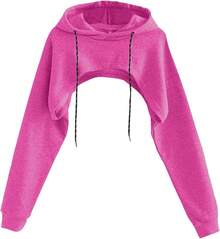Women Crop Top Pullover Sweatshirt Long Sleeve Drawstring Hoodie - Hot Pink - View 1