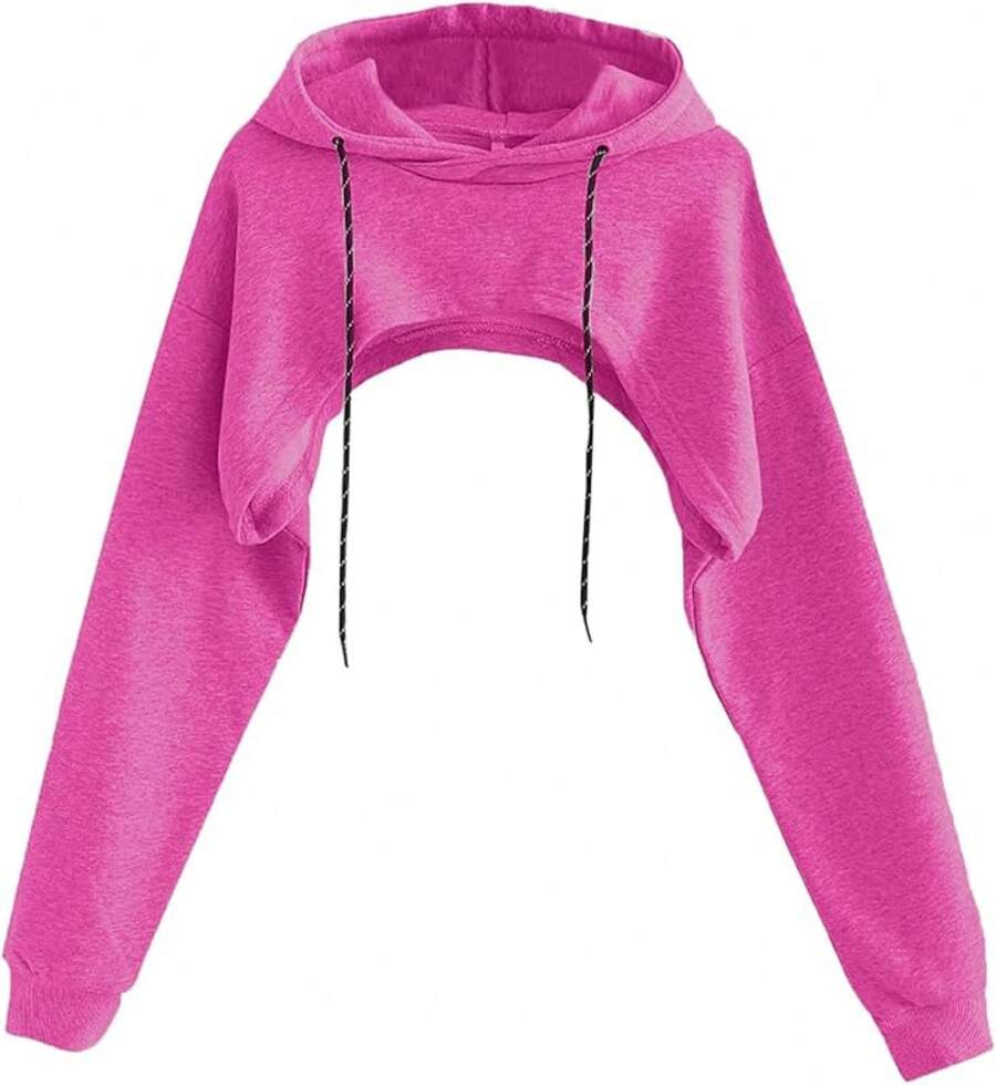 Women Crop Top Pullover Sweatshirt Long Sleeve Drawstring Hoodie - Hot Pink - View 1