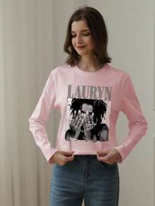 1pc Tween Girls Casual Printed Round Neck Long Sleeve T-Shirt, Autumn Student Young Loose Top - Pink - View 2