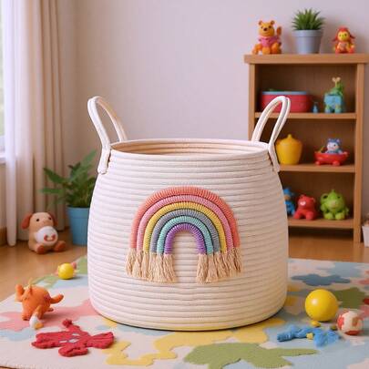 OYHOMO Woven Rope Storage Basket Rainbow Laundry Basket Nursery Hamper For Clothes Blanket Toy Basket In Living Room Playroom Bedroom, Home Decor Gift Basket