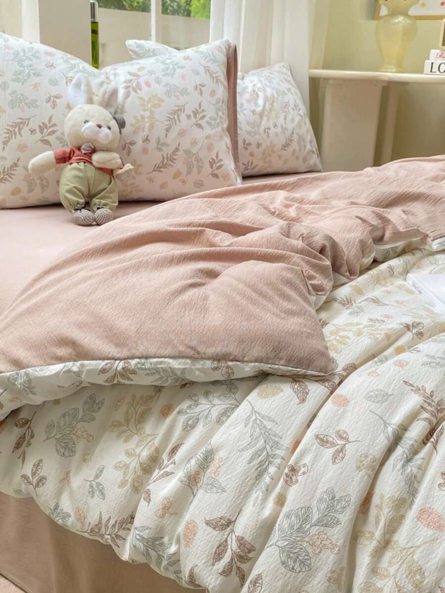 Juego de ropa de cama floral natural de Morandi, estilo nórdico minimalista, incluye 1 funda nórdica, 1 sábana plana y 2 fundas de almohada, sábana de unicolor, estampado de hojas de bosque, 100% poliéster, textura suave (sin relleno)