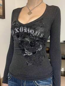 Women Y2k Fairy Grunge T Shirt Top Vintage Gothic Graphic Long Sleeve V Neck Slim Fit T Shirts Spring Fall E-Girl Emo Goth Punk Tees Tops Retro Aesthetic Clothes Streetwear - Màu xám đen - Xem 1