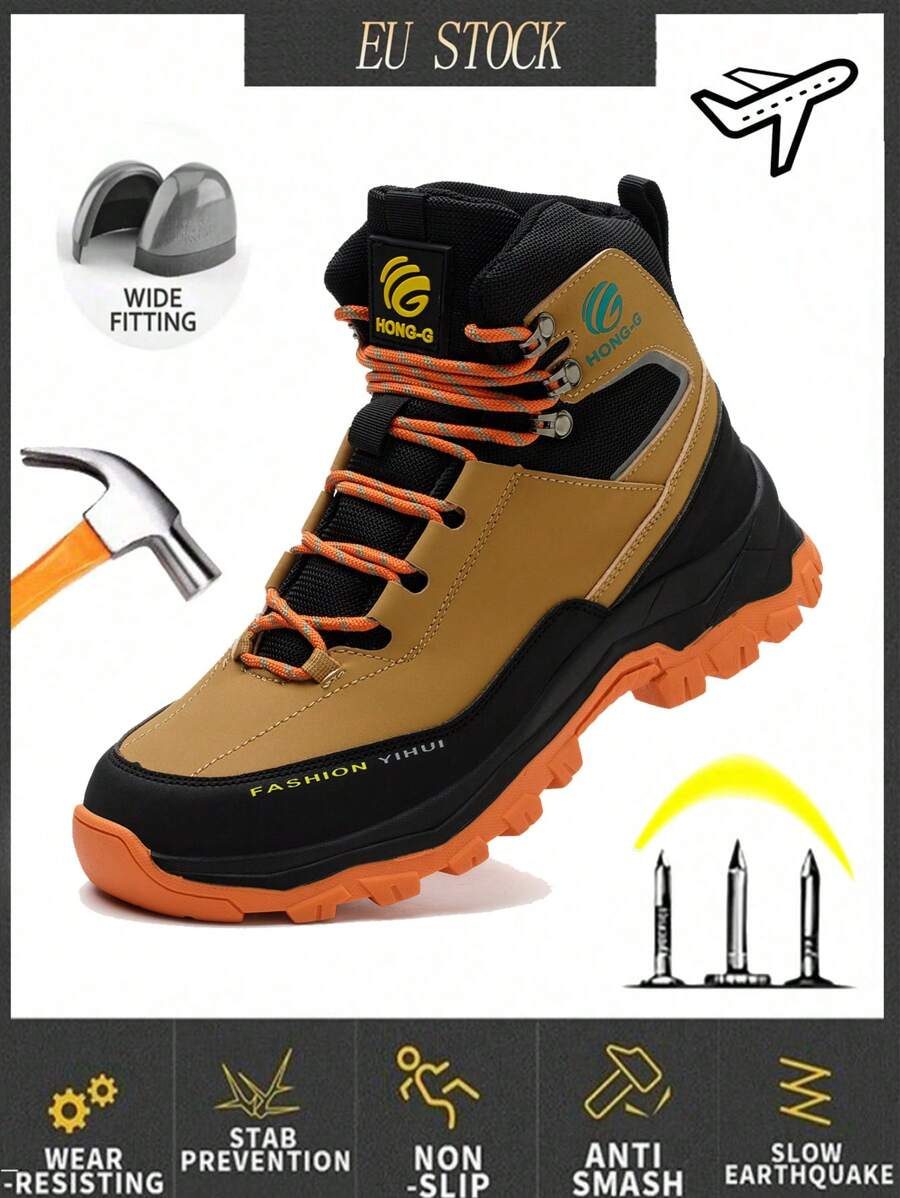 A Pair Of Men's Steel Toe Cap Boots And Women's Gaobang Forging Workshop Men Work Trainer Warehouse Gardening High Top Rubber Sole Site Boots Fashionable, Lightweight And Comfortable Manufacturing Work Shoes Industrial Operation Sites And Construction Sites Daily Wear Casual Shoes Outdoor Sports Wilderness Exploration Travel Mountain Climbing Shoes - Brown - View 1