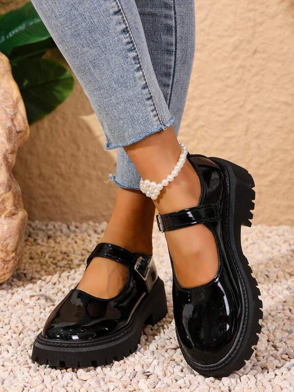 Women's Buckle Decor Thick Sole Casual Flats, Black Patent Round Toe Loafers, Elegant Everyday Wear