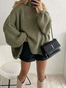 Women Casual Long Sleeve Fall Sweaters High Neck Solid Color Soft Ribbed Knitted Oversized Pullover Loose Fit Jumperih - Green - View 2