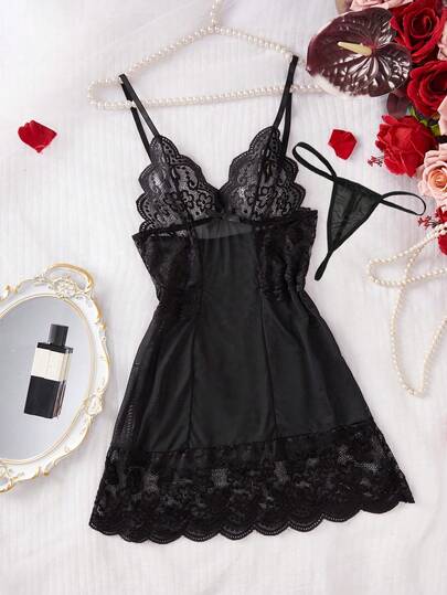 Ning xue yan ying Piece Zwart Verleidelijke Neck Hollow Out Sling Dress Temptation Kanten Multi Arm Mesh Teasing Short Sleeping Skirt Underwear Pajama Home Clothes Set, Bridal Lingerie, Rave Going view 6