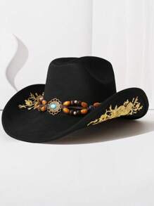 1PC 民族风格木珠装饰链刺绣高顶礼帽，欧美流行的西部牛仔帽，时尚简约百搭爵士帽，适合日常佩戴、生日派对、万圣节、西部主题活动、音乐节、音乐节等。 - A - 查看 7