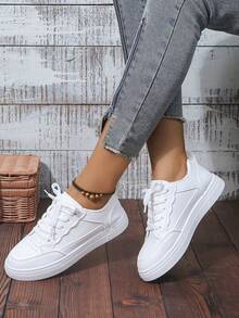 Women White Sneakers Spring Autumn Sport Running Shoes Casual Lace Up Flat Skid-Proof Shoes - White - View 4