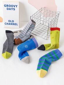 5 Pairs Boys' Striped Patchwork Socks (1-12 Years Old), Suitable For Boys' Outdoor Sports Wear In All Seasons, Fashionable, Soft And Minimalist, Suitable For Student And Teenager Outfits