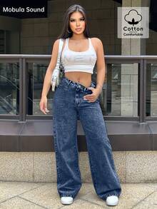 Mobula Sound 性感音乐节休闲时尚直筒牛仔裤，优雅女士学生春夏款 - 深藍色 - 查看 5