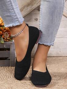 Women's Casual Knit Flat Shoes - Square Toe Slip-On With Tassel Detail, Lightweight Breathable Fabric Upper And Rubber Sole, Suitable For Walking, Home, Outdoor - Olive Green, Black, White, Brown, Comfortable For All Seasons, Casual Slip-On Mules, Synthetic Insole