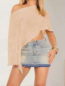 Women Knit Poncho Top Y2k Off Shoulder Crochet Sheer Shawl Asymmetrical Hem Cover Up Shrug Sweater Womens Sheer Poncho Shrug Bolero, Lightweight Summer Shrug Pullover Sweater - 米色 - 查看 2