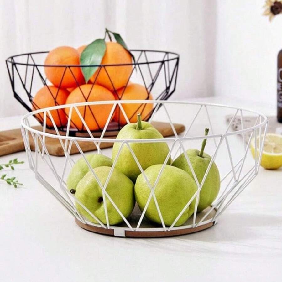 CLIKYA-Frutero metálico blanco 28cm,Frutero de Cocina Metálico con Base de Madera,Cesto-Frutero Forma Diamante