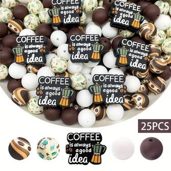 25 件硅胶珠套装 - 咖啡开始新一天主题，适用于笔饰、手工珠宝制作、钥匙扣和手链焦点工艺用品套件 - 珠子和珠子组合