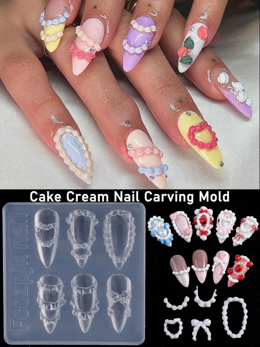 1件套浮雕法式蛋糕奶油美甲雕刻模具蝴蝶结蛋糕蕾丝裙奶油条纹蝴蝶结设计DIY小清新情人节美甲脱模工具美甲沙龙用品工具 - 無色 - 查看 1