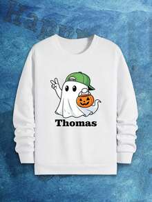 Personalized Plus Size Men's Cartoon Ghost Print Halloween Sweatshirt, Customizable With Name/Text, Loose Fit Casual Crew Neck Pullover For Autumn/Winter, Long Sleeve Top - White - View 5