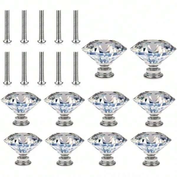 10 Stücke versilberte einfarbige Küchenschranktürgriffe, Badezimmer Schubladengriffe, Kristallform Glas Kommode Schubladengriffe