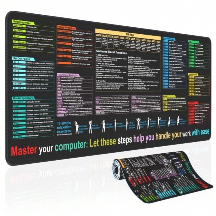 Excel Shortcuts Cheat Sheet Office Mouse Pad Keyboard Mats Desk Giant ...
