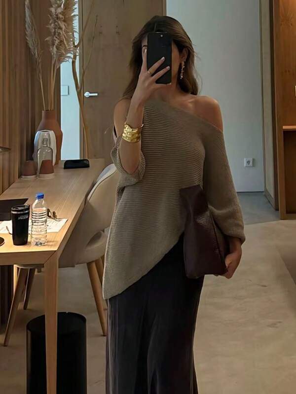 Suéter feminino ombro a ombro, pulôver canelado de malha de cor sólida, estilo streetwear casual para uso diário, Natal, Ano Novo, outono/inverno.