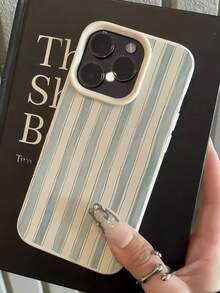 1pc Wavy Blue Striped Personalized Pattern White Litchi Texture Full Coverage TPU Shockproof Phone Case Compatible With IPhone 16, 15, 14, 13, 12, 11, 17 Pro Max