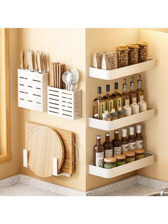 Prateleira de parede branca para cozinha, prateleira suspensa multiuso para utensílios, facas e temperos, sem necessidade de furação