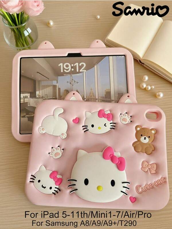Sanrio Hello Kitty Case For IPad& A16/10th/56789th/Mini/Air/Pro- Woman Cute Cartoon Pink ,Shockproof, Wear-Resistant And Anti-Fouling Tablet Cover Soft 3d Silicone For Galaxy A8/A9/A9PLUS/T290, 7.9 8.3 9.7 10.2 10.5 10.9 11 Inch