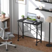 HOMCOM Small Folding Desk, 80 Cm Foldable Computer Desk On Wheels For Small Space, Easy Assembly, Space Saving Writing Table For Home Office, Bedroom, Black - Black - View 2