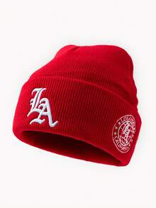 1pc Women's Fashion LA Letter 3D Embroidery Beanie Hat, Knitted Cap Suitable For Autumn/Winter Outdoor Warmth, Daily Wear